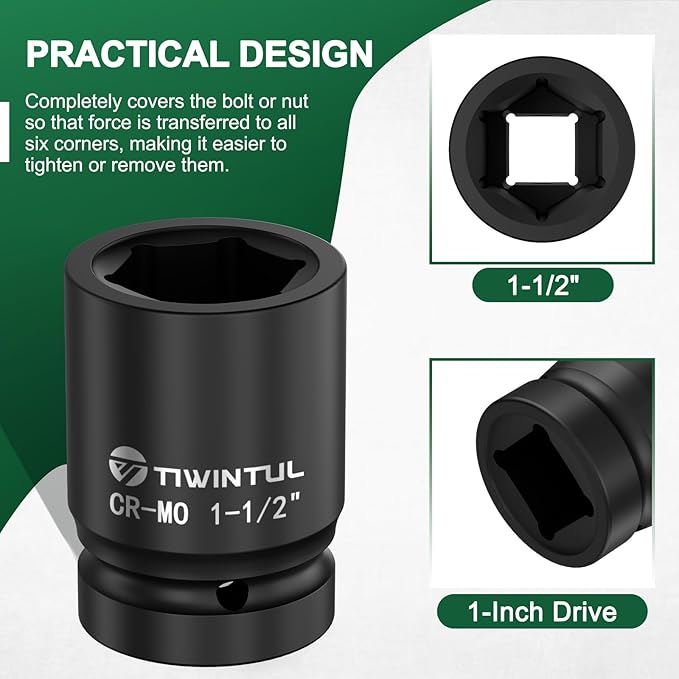 1-1/2" Impact Socket 1" Drive, 6 Point Design CR-MO Axle Nut Socket ANSI Certified Heavy Duty Socket 1 Inch Drive for Truck Wheel Hub Trailer Construction & Industrial Equipment