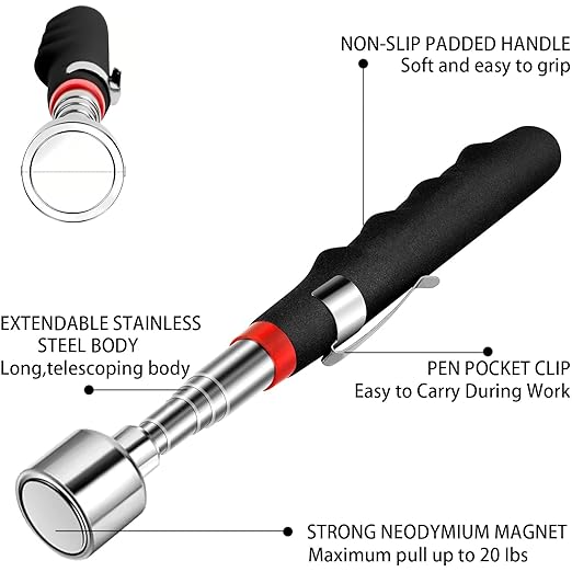 Telescoping Magnetic Pickup Tool – 20lb Strong Magnet, Extends to 30in – Heavy Duty Magnet Stick with Non-Slip Grip for Nails, Screws, Bolts, and Metal Parts