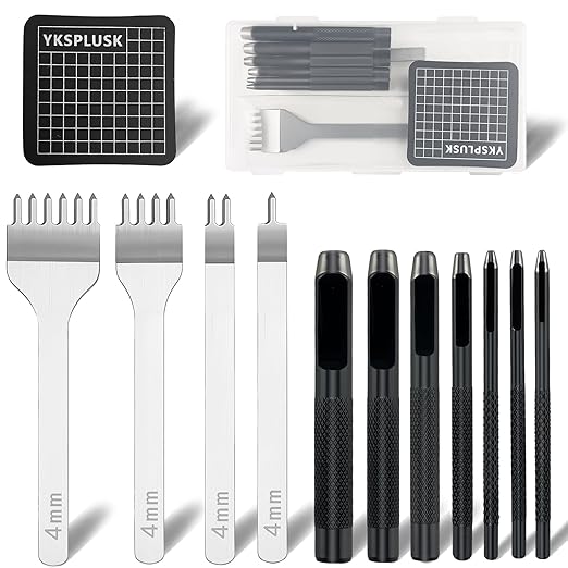 12 Pieces Leather Stitching Punch Circle Hole Cutter Tools Set, 4mm 1/2/4/6 Prong Punch Leather Chisel and 7 Pcs Circle Cutter Tools for DIY Leathercrafts, Belt, Watch Band, Strap