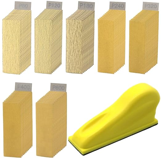 70 Sheets Micro Detail Sander Paper Kit, 3.5?쓝 1?쒱and Sanding Block for Small Projects Wet Dry Hook & Loop Alumina 80 to 600 Grit Sandpaper for Crafts Wood,Tight Narrow Spaces Metal Finishing