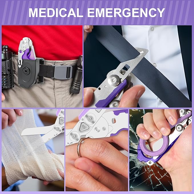 Multi Tool 6 in 1 Emergency Response EMT Shears With Holster竊똕tainless Steel Foldable Trauma Shears with Strap Cutter and Glass Breaker, Outdoor Camping Tools (Purple)