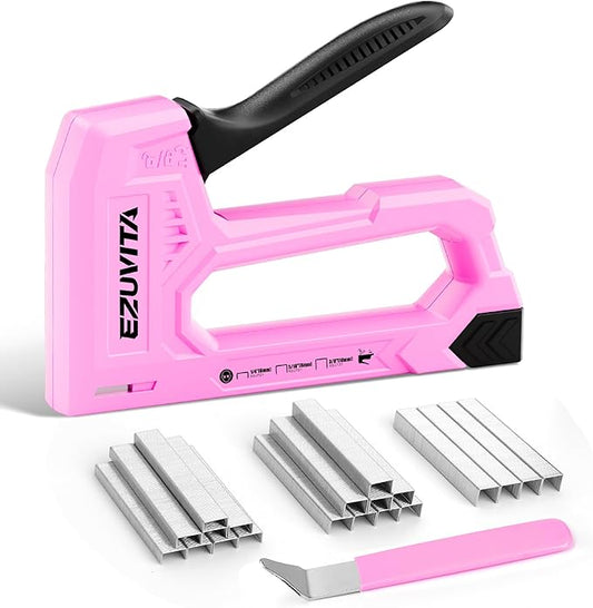 EZUVITA Light Duty Staple Gun for Wood, Pink Upholstery Staple Gun Kit with 2000pcs JT21 Staples 1/4, 5/16, 3/8 inch and Staple Remover, Stapler Gun for Crafts, DIY, Classroom, Decoration
