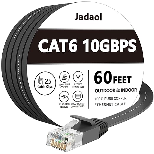 Jadaol Cat 6 Ethernet Cable 60 ft, 10Gbps Support Cat8 Cat7 Network, Flat RJ45 LAN Patch Cable, High-Speed Wired Internet Cable for Router, Modem, Switch, Gaming Consoles, PC, Streaming Devices, Black