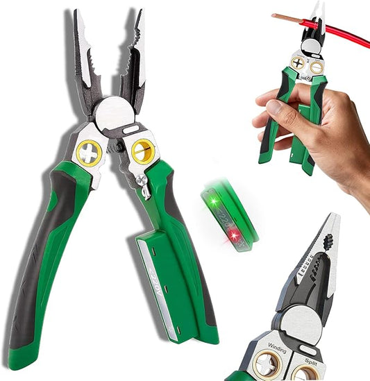 Chicat 8-in-1 Wire Stripper with Voltage Tester,Multi-function Electric Pliers,Professional Wire Cutter & 12V-250V AC/DC Neutral Tester,Electrician Tools & DIY Tool (Green)