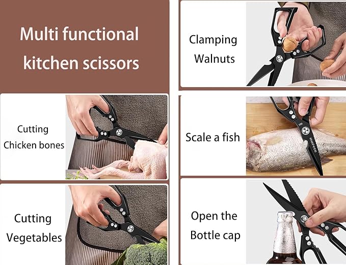 Multi-Purpose Rust Proof Kitchen Shears,Meat Scissors,Dishwasher Safe,Can be Used to Cut Vegetables, Chicken, Steak,Scrape Fish Scales, and Open Bottle Caps, etc(Black)