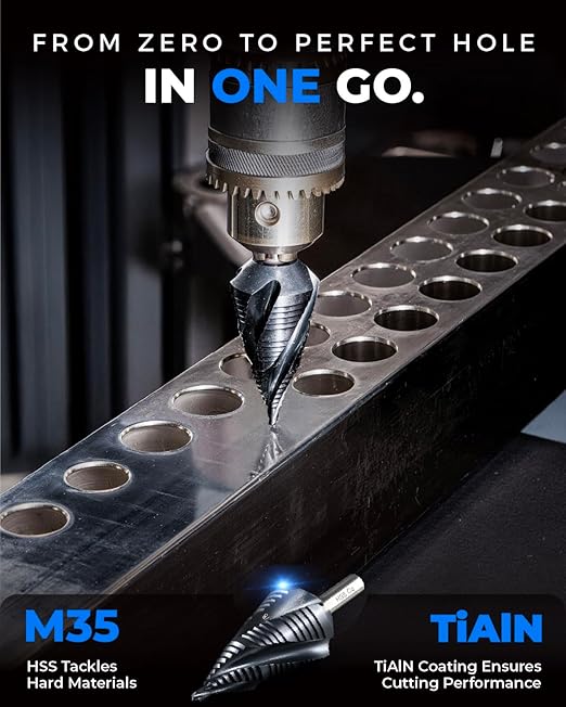 toolant Four Spiral Flute Cobalt Step Drill Bit(Pro), 3/16" - 1-3/8"(19 Step Size) Unibit Step Drill Bit, 3/8" Tri-Falt Shank Step Bit for Metal, Stainless Steel, Aluminum, Plastic