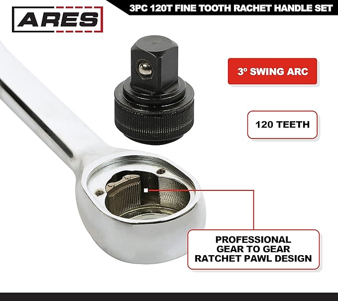 ARES 42067 ??120 Tooth Ratchet Set ??1/4-Inch, 3/8-Inch, and 1/2-Inch Drive - 3 Degree Swing Arc ??Reversible Ratcheting Mechanism - Ergonomic Handle and Professional Gear Structure