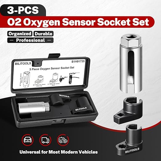 BILITOOLS 3-Piece O2 Oxygen Sensor Socket Set, Offset Oxygen Sensor Wrench Set 7/8" (22mm) x 3/8" & 1/2" Drive