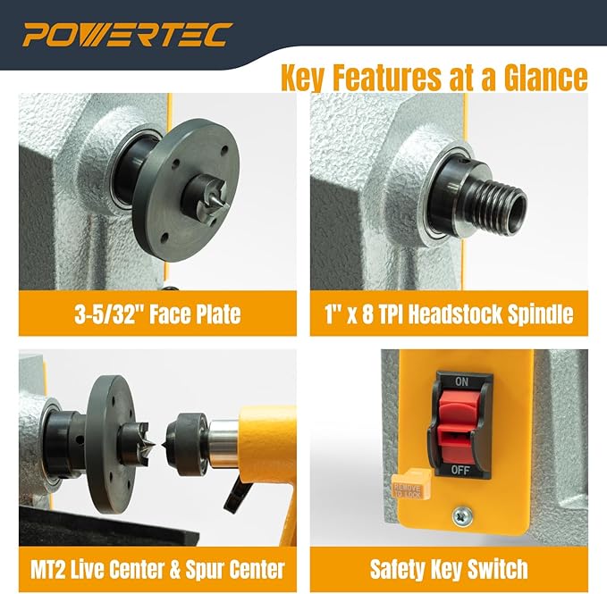 POWERTEC 10" x 18" Benchtop Mini Wood Lathe ??1/2HP, 5-Speed Cast Iron Lathe with MT2 Taper for Turning Pens, Bowls, Spindles, and DIY Wood Projects (LT1018)