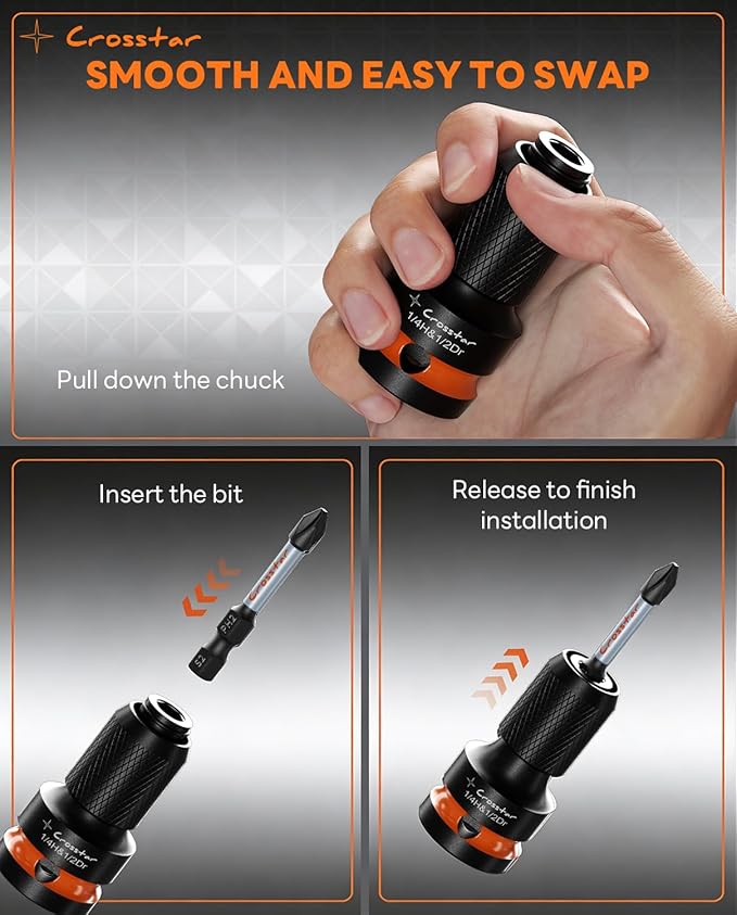 Crosstar Impact to 1/4 Hex Converter Set,Screwdriver Bit Holders,for Electric & impact Wrenches,Cr-Mo Steel,1/2 3/8 1/4-Inch Square Drive Female to Hex Socket, Quick Release Chuck Adapter,4 Pcs