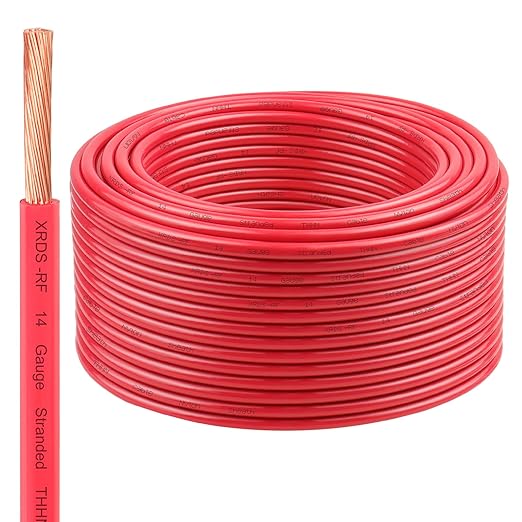 XRDS -RF 14 Gauge THHN Wire, 250FT Red Stranded Copper Electrical Wire, 600V, Heat & Oil Resistant, Nylon Sheath Building Wire for Indoor/Outdoor Use