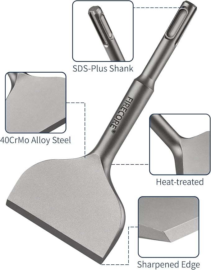 Firecore SDS Plus Chisel 3 Inch Wide by 6.5 Inch Long, Tile Removal Cranked Bent Chisel Bit for SDS Plus Rotary Hammer Drill Tool, Alloy Steel Shovel for Ceramic Tile Cement Thinset Mortar - FS18365