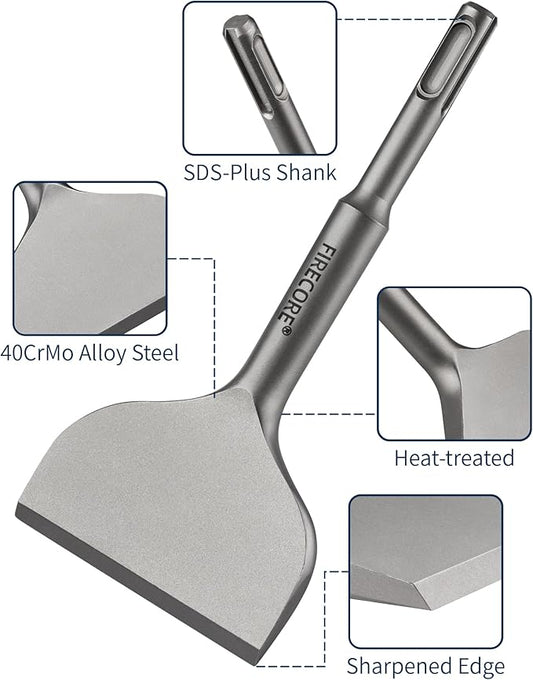 Firecore SDS Plus Chisel 3 Inch Wide by 6.5 Inch Long, Tile Removal Cranked Bent Chisel Bit for SDS Plus Rotary Hammer Drill Tool, Alloy Steel Shovel for Ceramic Tile Cement Thinset Mortar - FS18365