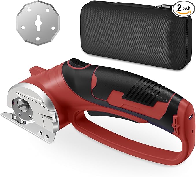 Cordless Electric Scissors, 4V Rechargeable Box Cutter & Cardboard Cutter with LED Light, Safety Lock - Rotary Cutter for Fabric, Leather, Carpet, Plastic, Crafting, Sewing with Storage Box (Red)