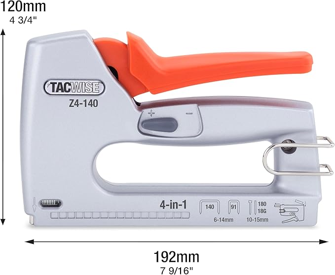 Tacwise 1747 Heavy Duty 4-in-1 Metal Staple/Nail Gun, Z4-140 Manual Stapler and Brad Nailer compatible with Type 140 (T50) and Type 91 Narrow Crown Staples, also with 18G Nails and 180 Headless Pins
