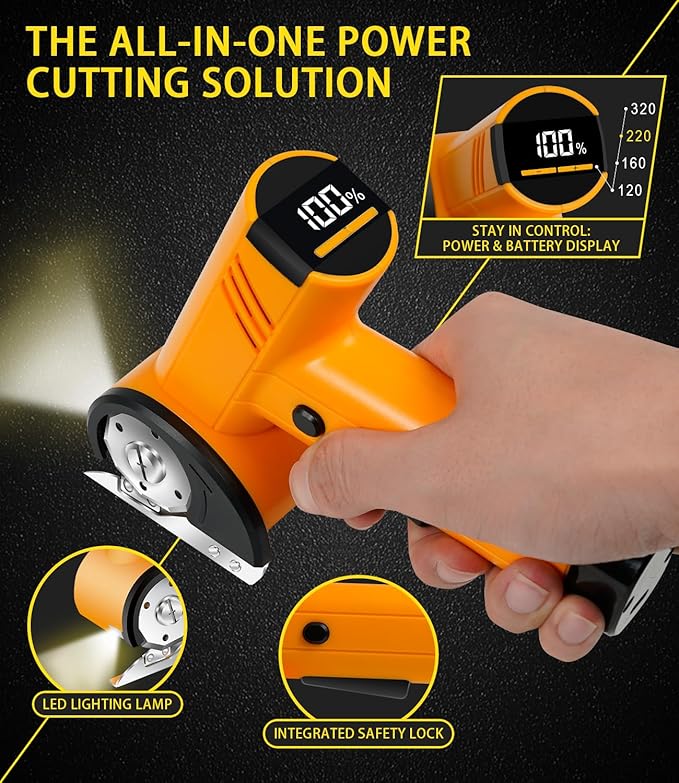 Cordless Electric Scissors 4-speed Adjustable with LED Smart Display, 4V Rechargeable Cardboard Cutter with Storage Box & 2 Blades, Electric box cutter for Cardboard Fabric Plastic Leather