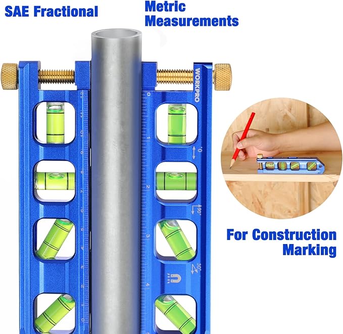 WORKPRO Magnetic Torpedo Level, Conduit Bending Level, Bubble Vials for 0째/90째/30째/45째 Measurements, Aluminum Alloy Construction, 6.3-inch, Cobalt Blue
