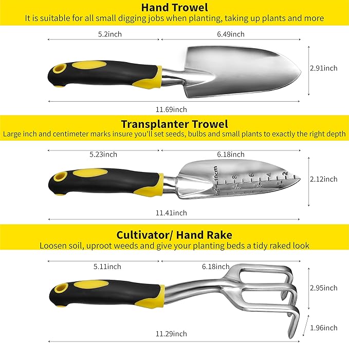 Gardenera 3PC Garden Tool Set with Soft Rubberized Non-Slip Handles - Hand Trowel, Transplant Trowel, Hand Rake in Polished Aluminum - Ideal for All Gardening Needs and The for Gardeners