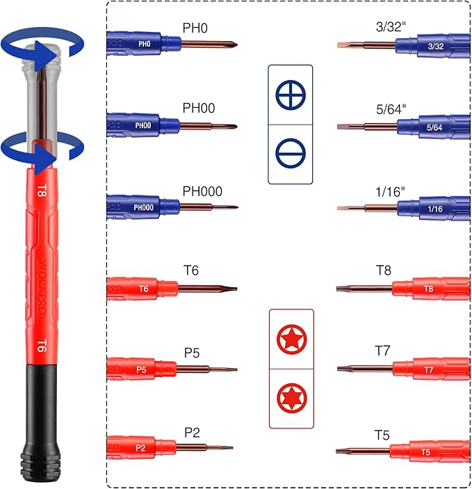 WORKPRO 6-Piece Precision Screwdriver Set, 12 Sizes Double-Ended Small Screwdrivers with Phillips, Slotted, Pentalobe and Torx Tips, Mini Screwdriver for Eyeglasses, Watches, Computers and Phones