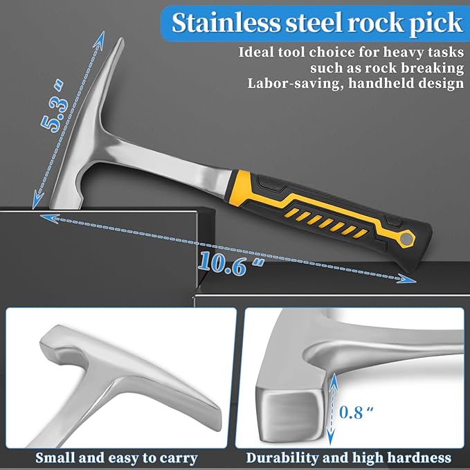 17PCS Geology Rock Pick Hammer Kit, Gold Mining & Prospecting Equipment Tool, including 32oz Hammer & 3 PCS Digging Chisels Set, Shovel, Wooden Chisel, magnifying glass, Whistle, goggles