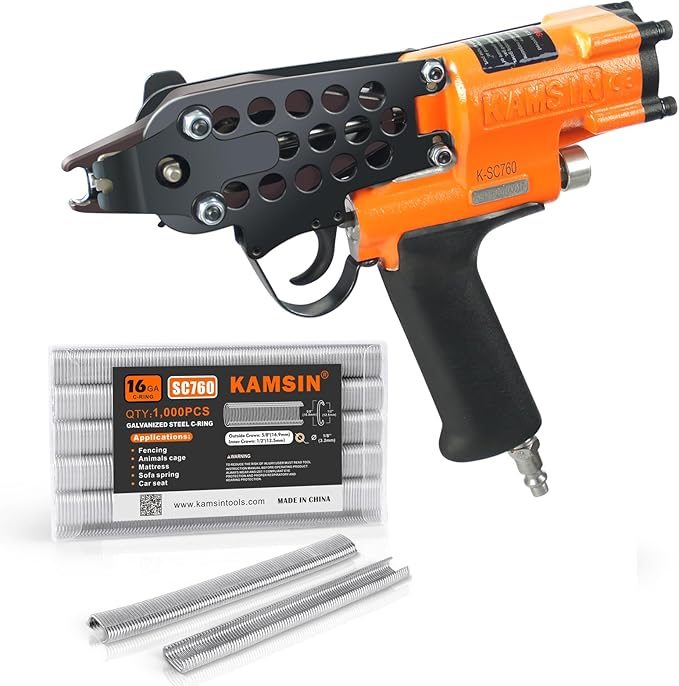 K-SC760 16 Gauge Pneumatic Hog Ring Gun with 1000PCS Hog Ring Staples, 1/2-Inch Crown, 3.0-4.8mm Closure Diameter Hog Ring Pliers C Ring Gun for Mattress, Fencing, Wire Cages