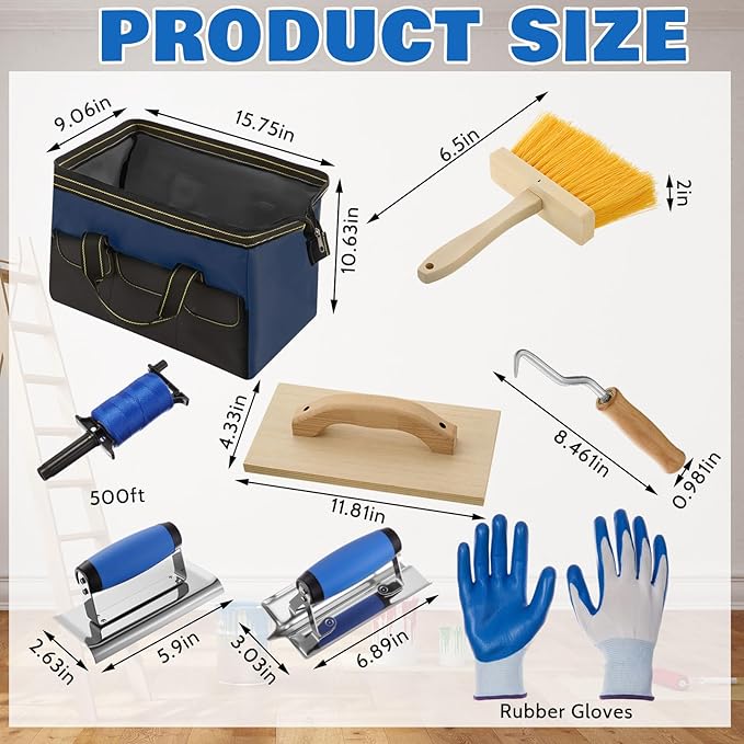 18 Pcs Masonry Hand Tool Set in Tool Bag Includes 6 Pcs Trowel Set Wooden Sanding Board Stainless Steel Putty Knife Brush Rebar Hook Masonry Kit Rubber Gloves Construction Wire(Blue)