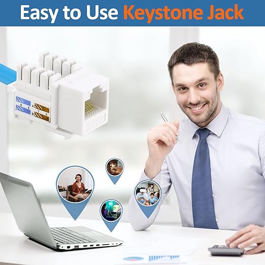 Hoteam 100 Pcs Cat6 Keystone Jacks, Rj45 Ethernet Modular Coupler Punch Down Insert, 90-Degree UTP Connector for Wall Plate, Panel and Surface Mount Box (White)