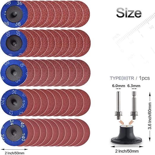 NYXCL Miroku 50Pcs Mixup 2 inch roll Lock Quick Change Discs Set, A/O Sanding Discs with 1/4" Holder, for Die Grinder Surface Prep Strip Grind Polish Finish Burr Rust Paint Removal