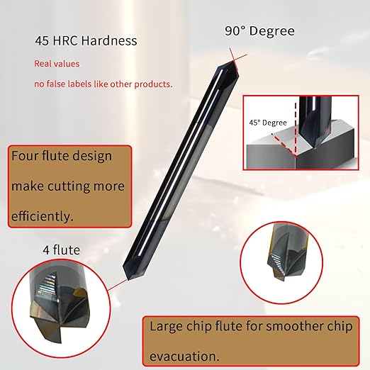 1/4" Chamfer Mill, 4 Flute, 90째 Degree, 2-1/2" Overall Length, Solid Carbide End Mill,1/4"Cutting Diameter,1/4"Shank Diameter, 90째 Chamfer Angle, Chamfer Mill, Double End,AlTiN Coated