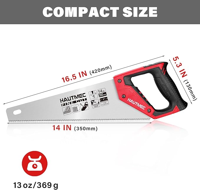 HAUTMEC 14" Universal Hand Saw, 11 TPI Fine Cut Wood Saw with Hardened Triple-Ground Teeth & Bi-Material Ergonomic Handle, Compact Handsaw for Wood, Plastic, PVC, Laminate & Branch Cutting – HT0024