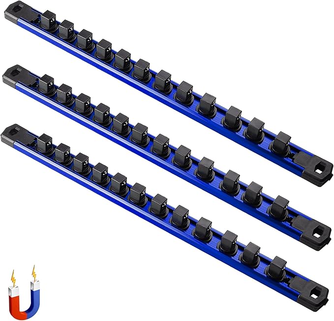 ALOANES 3-Piece Magnetic Socket Organizer, Heavy Duty Aluminum Socket Rails Organizer, 360째 Swivel Clips Socket Rail Set For Sockets Storage, 1/2-Inch Socket Holder x 36 Clips (Blue)