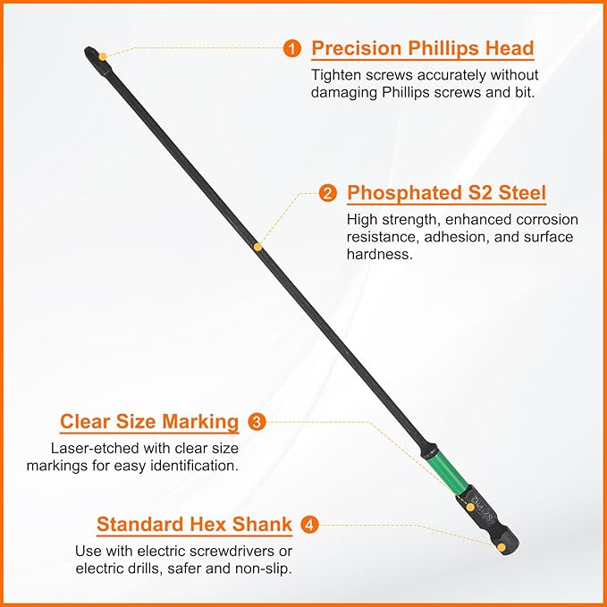 HARFINGTON 3pcs #2 Impact Phillips Screwdriver Bit PH2 1/4" Hex Shank 8" (200mm) Long 0.12" Rod Magnetic Cross Head Drill Bits S2 Steel Industrial Screw Driver for Impact Power Drivers