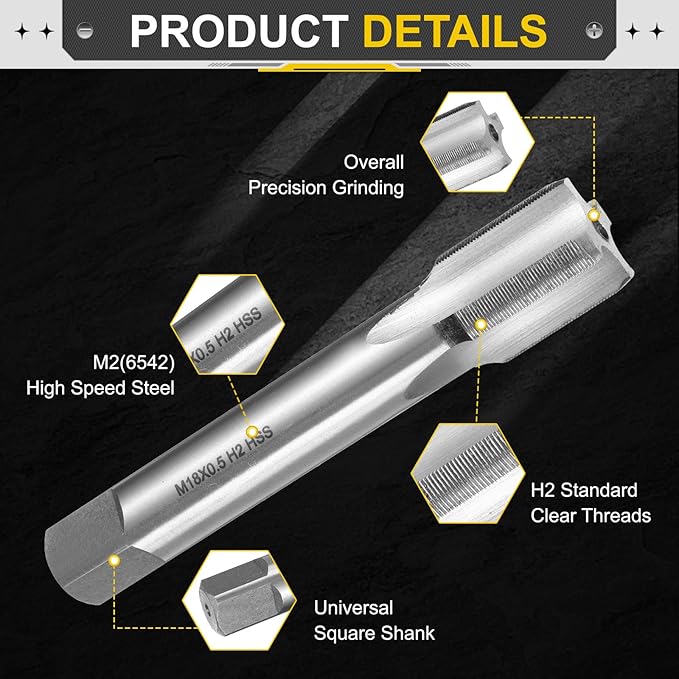 uxcell Hand Plug Tap M18 x 0.5 H2 Metric Thread Plug Style Taps Straight Flute Screw Tapping Threading Tool High Speed Steel HSS6542