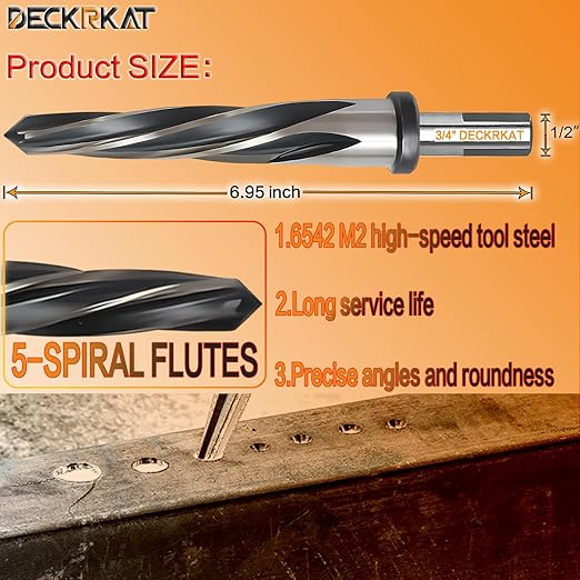 3/4" Reamer Drill Bit for Metal, M2 HSS Taper Reamer for Steel, Alloy, Wood, Plastic to Align, Enlarge Holes ??5-Spiral Flutes, 1/2" Non-Slip Shank, 19mm Car Reamer, Bridge Construction Reamer.