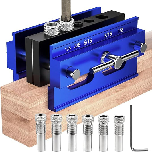 Self Centering Doweling Jig Kit, Drill Jig For Straight Holes Biscuit Joiner Set With 6 Drill Guide Bushings, Adjustable Width Drilling Guide Power Tool Accessory Jigs (L)