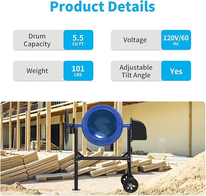 5.5 Cu.Ft. Concrete Mixer, Heavy Duty Portable Concrete Mixer with Wheel & Stand, Electric Cement Mixer Machine with 140L Drum, 120V Motor for Concrete, Mortar,Seeds, and Feed,Blue.
