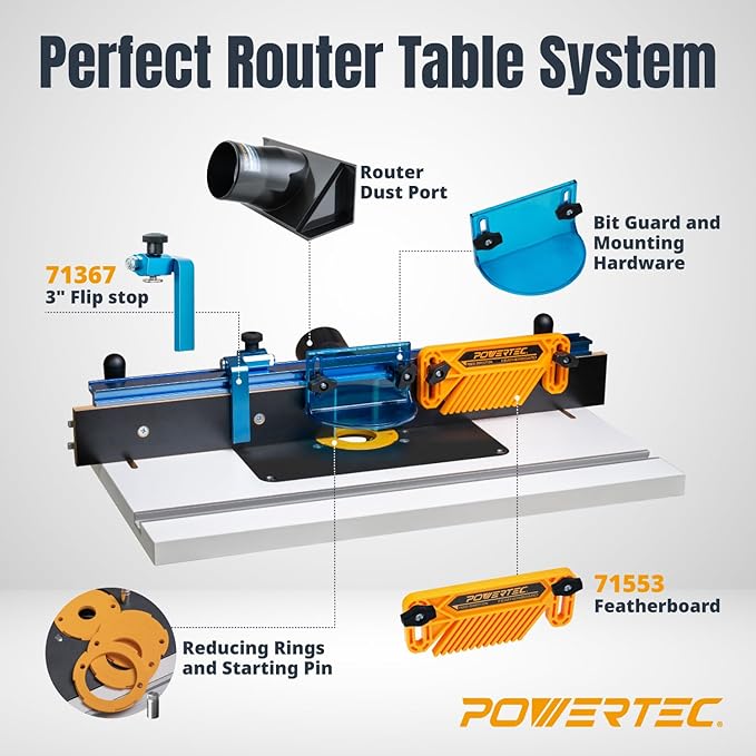 POWERTEC Benchtop Router Table with Steel Stand and Adjustable Fence ??24" x 16" MDF Laminated Top, Insert Plate, 2-1/2" Dust Port, Fence Stop, Featherboard & Additional Accessories (71402V)