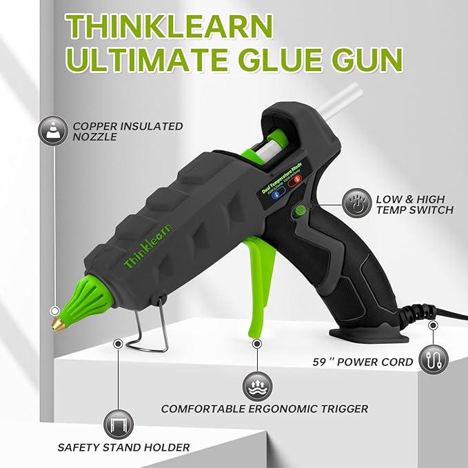 ThinkLearn 60/100W Dual Power Hot Glue Gun Kit with 15 Glue Sticks (7/16"), Heavy Duty Large Glue Gun for Crafts, DIY, Home Repairs - Gray