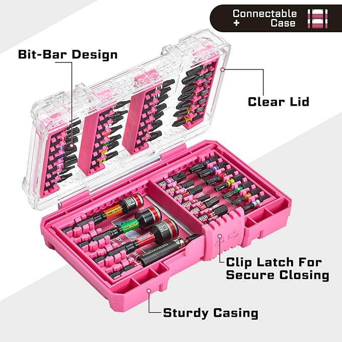 47Pieces Impact Screwdriver Bits Set, Magnetic S2 Steel 1??Phillips/Square/Torx/Slotted/Hex/Security Torx Bits Tips,Impact Bit Holder with Pink Storage Box Case