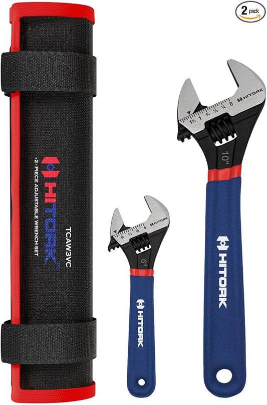 HITORK 2 piece Adjustable Wrench Set, 6 & 10 Inch, CRV Steel, Black Oxide, Double Dip Sleeve, Quick Adjust, Laser Etched SAE & Metric Scale, Anti Rust & Durable ??For Plumbing, Garage & Workshop