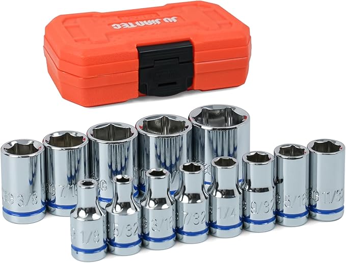 1/4" Drive SAE Master Socket Set, 13-Piece Shallow Hex Socket Set (1/8" - 5/8"), Cover Most Commonly Sizes, 6 Point, Chrome Vanadium Steel with Molded Case