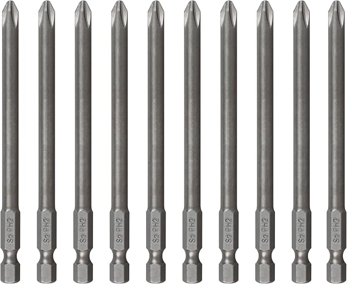 PH2#2 Long Screwdriver Bit Set for 1/4 Inch Hex Shank, 4 Inch Length, Magnetic Tip, for Power Screwdriver Drill Impact Driver 10 Pieces