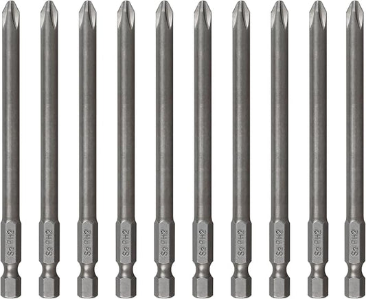 PH2#2 Long Screwdriver Bit Set for 1/4 Inch Hex Shank, 4 Inch Length, Magnetic Tip, for Power Screwdriver Drill Impact Driver 10 Pieces