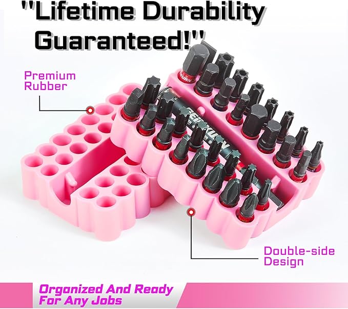 Impact Screwdriver Bits Set, 33 Pieces 1?쒶ulti Head Magnetic S2 Steel Driver Bits PH/SQ/Torx/Slotted/Hex/Security Torx With Pink Soft Base