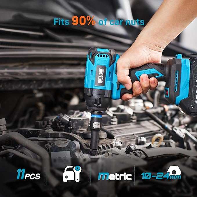 SEESII CR-MO 1/2" Drive Impact Socket Set with Magnetic Organizer, 11pc Deep Metric (10-24mm), 6-Point for Impact Wrench & Ratchet, Professional for Lug Nut, Wheel & Suspension Repair