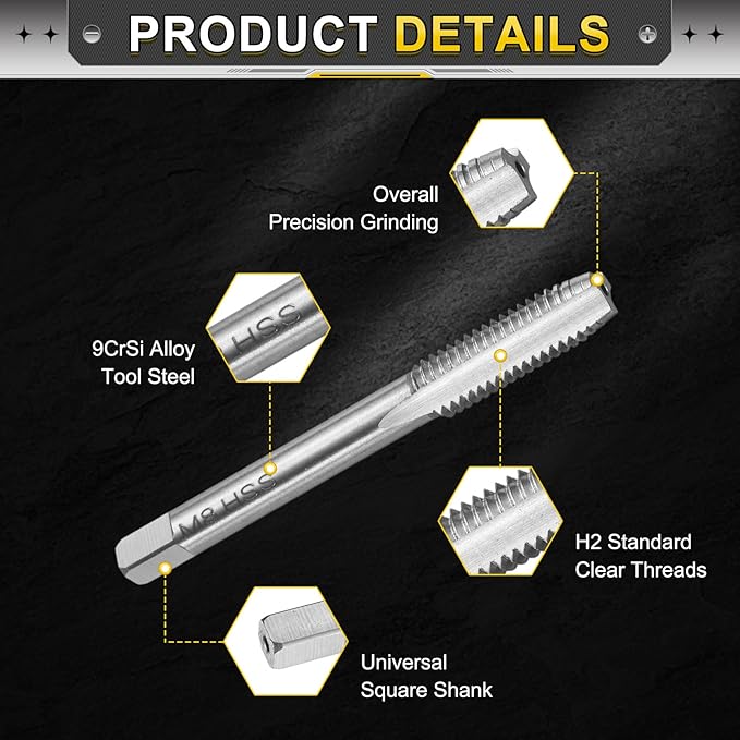 uxcell Hand Plug Tap M8 x 1.25 H2 Metric Thread Plug Style Taps Straight Flute Screw Tapping Threading Tool 9CrSi Alloy Tool Steel
