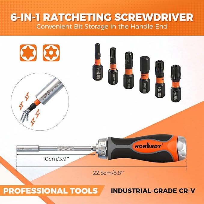 HORUSDY 6-in-1 Ratcheting Screwdriver Set, Magnetic Multi-Bit Screwdriver with Built-in Premium S2 Bits & 126mm Extension Bar, Dad Mens Gifts for Christmas, All-in-One Tool for Home Repair, DIY