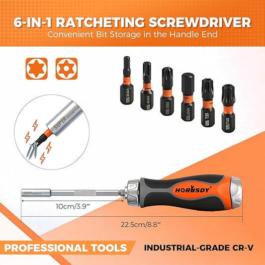 HORUSDY 6-in-1 Ratcheting Screwdriver Set, Magnetic Multi-Bit Screwdriver with Built-in Premium S2 Bits & 126mm Extension Bar, Dad Mens Gifts for Christmas, All-in-One Tool for Home Repair, DIY