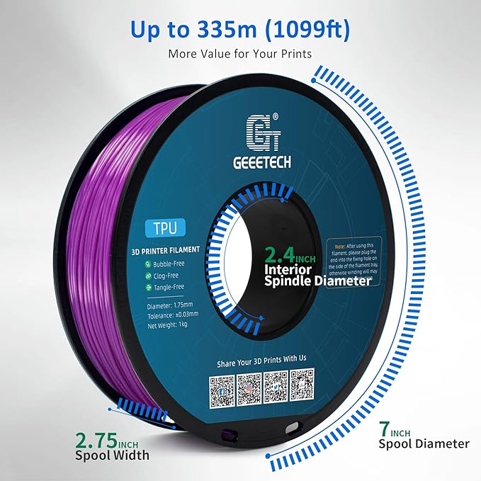Geeetech TPU Filament 1.75mm ??95A Flexible 3D Printer Filament with High Elasticity, 1KG (2.2lbs) Spool, Dimensional Accuracy 짹0.03mm, Fits Most FDM Printers (Purple)