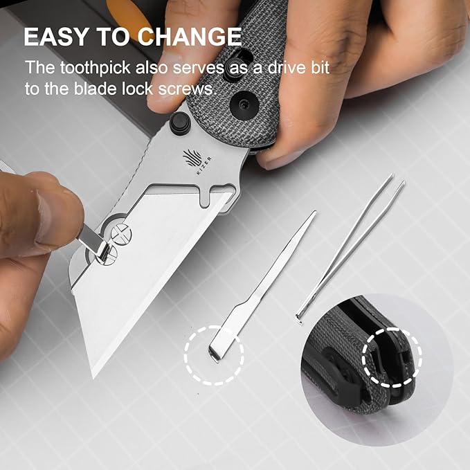 Kizer Uti Bear(New Dual-screw Version) Folding Utility Knife, Clutch Lock Box Cutter EDC Pocket knife with 5PCS Razor Blades, Pocket Knives with Pocket Clip for Men Women V3619JA3